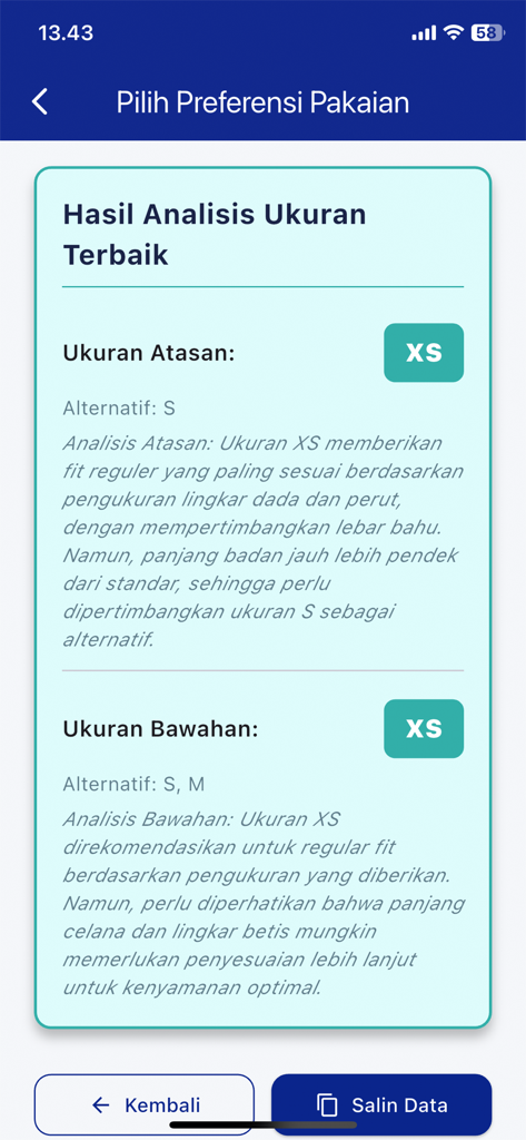 Smartphone screen from the MeaSure AI app showing personalized clothing size recommendations for tops and bottoms.