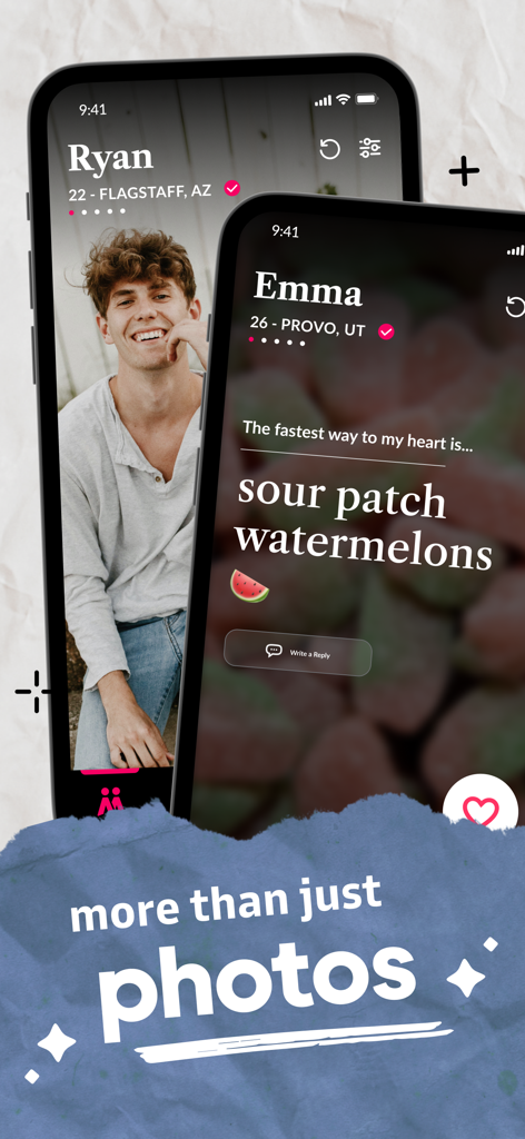 Screenshot of verified user profiles on the Mutual LDS dating app showing personal interests and photos