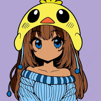 anime girl with chick shaped hat with sweater with bare shoulders with bangs covering them one eye with low tail