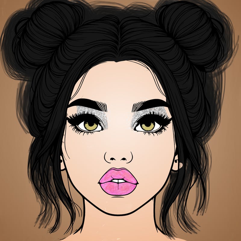 realistic girl with two buns on her hair and lips