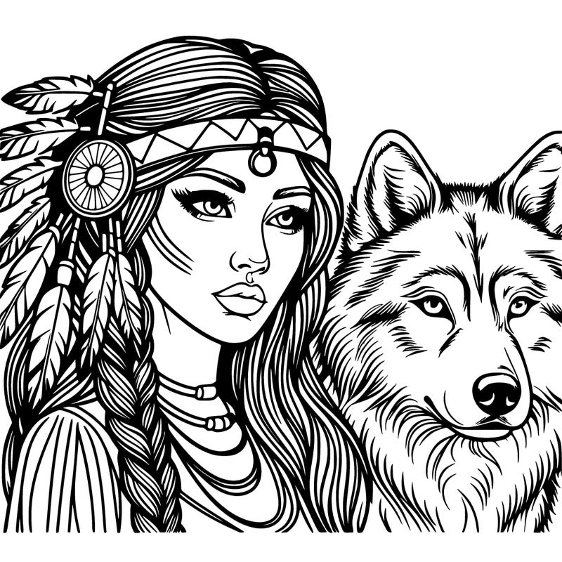 realistic native american woman with wolf