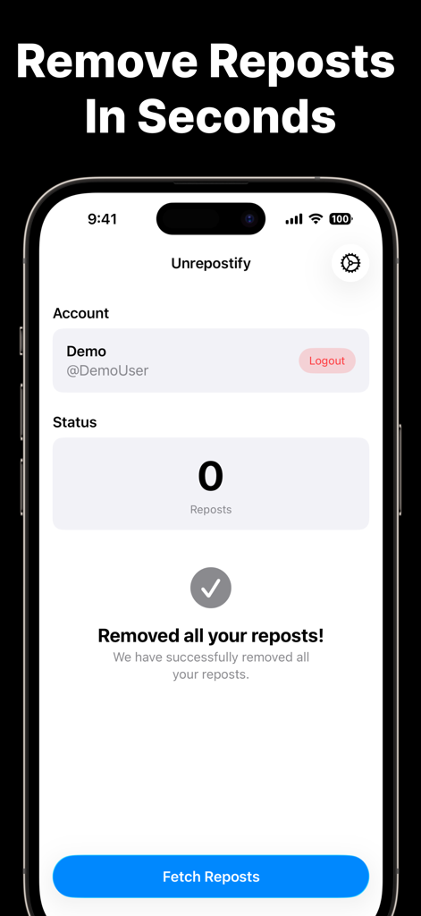 Social Automation: Unrepostify - Screenshot der Unrepostify App, der eine Erfolgsmeldung nach dem Entfernen aller Social-Media-Reposts anzeigt