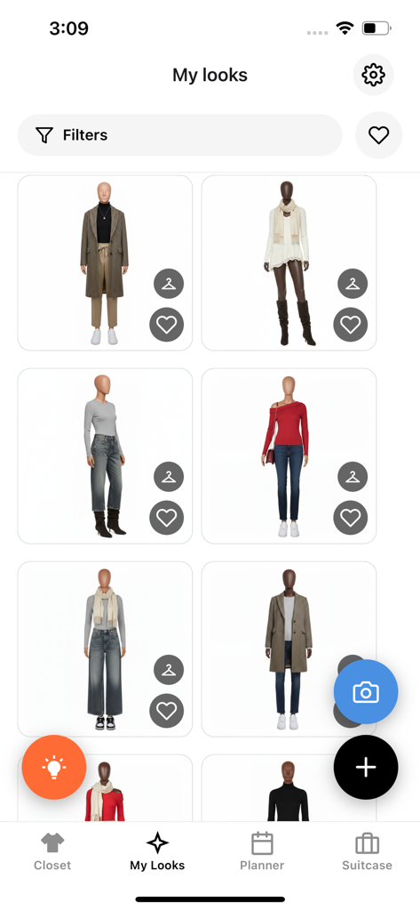 AI Dresser: Outfit Planner - A digital gallery showcasing different outfit combinations on virtual mannequins within the AI Dresser app.