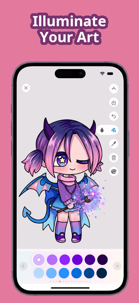 Chibi Coloring Book: Anime Art - A chibi character with purple hair and blue wings being colored with sparkling glitter effects in the anime coloring app.