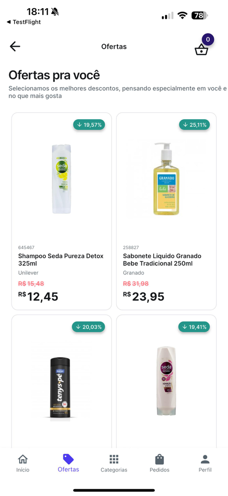 Drogarias Povão - A mobile app interface from Drogarias Pavao showing various personalized offers and discounts on personal care products like shampoo and liquid soap