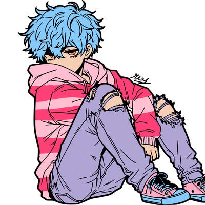 a male hoddie ripped jeans messy hair anime