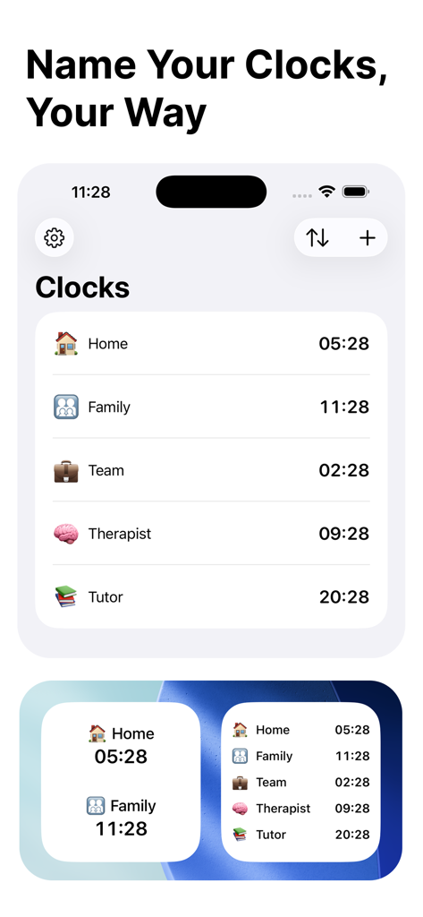 Zone App-Oberfläche, die Weltuhren mit benutzerdefinierten Namen und Emojis neben iOS Home-Bildschirm-Widgets anzeigt