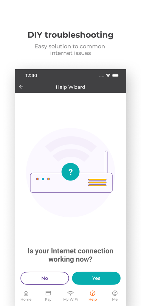 my Excitel - The my Excitel app DIY troubleshooting interface showing the Help Wizard for internet issues
