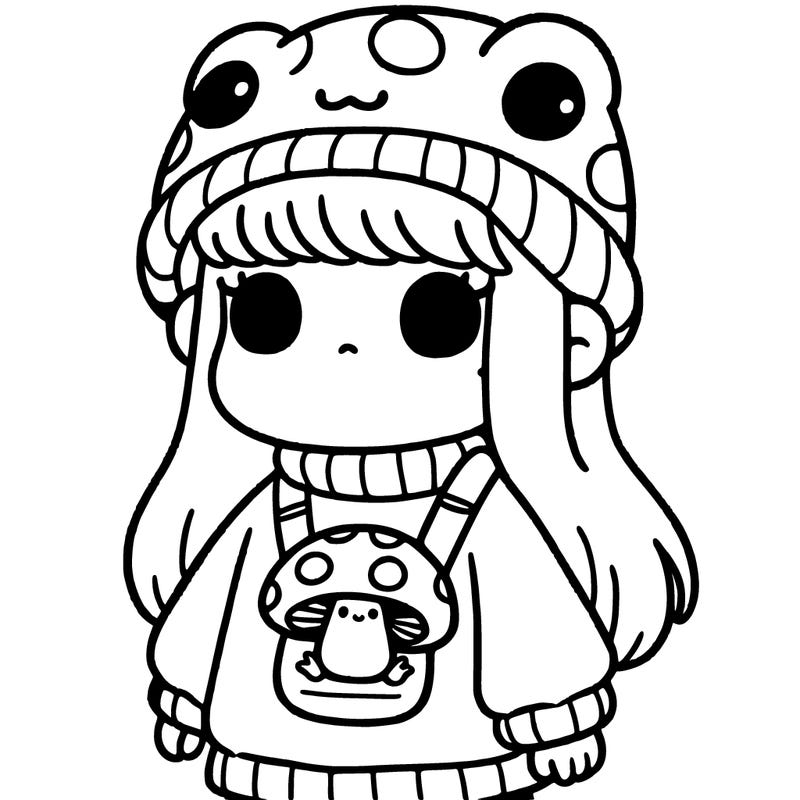 girl with a mushroom baggie shirt and froggy beanie