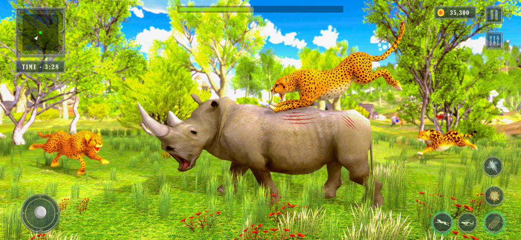 Wild Cheetah Simulator 3D - Eine 3D-Gameplay-Szene aus Wild Cheetah Simulator 3D mit einem Geparden, der in einer Savanne einen Nashorn angreift.