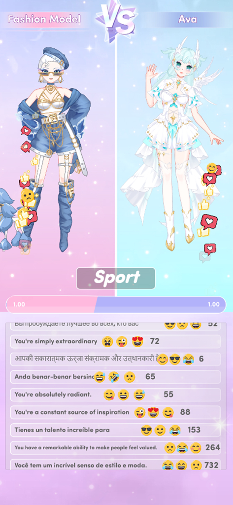 Magic Fashion: Doll Dressup - Two stylish anime characters competing in a fashion battle with social media style feedback