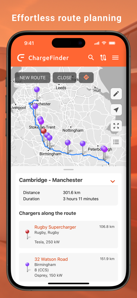 ChargeFinder app interface showing a planned EV route on a map with charging station pins and trip details.