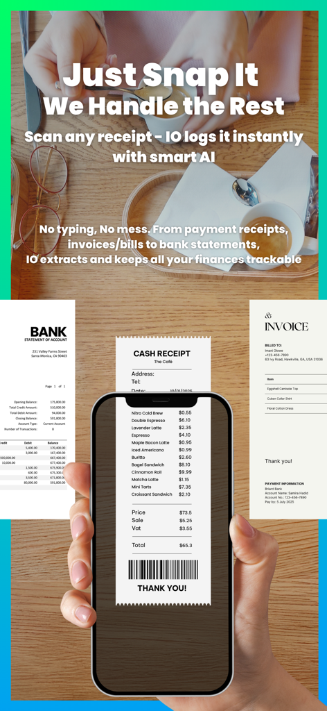 My InOut - Aplicativo My InOut digitalizando um recibo para registrar despesas automaticamente usando IA.