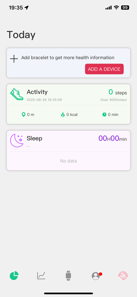Dashboard of the HanFit app showing activity and sleep tracking sections with a prompt to connect a smart bracelet.