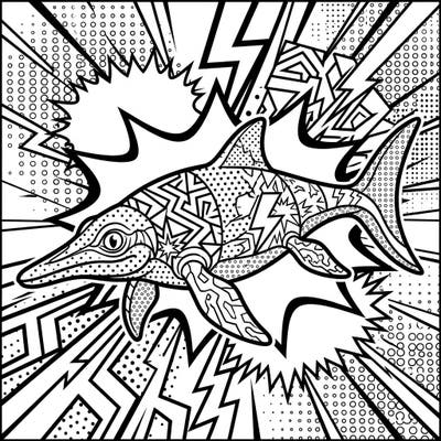 Journey back to the Cretaceous period with this captivating Mauriciosaurus, brought to life with an electrifying Pop Art twist. This unique design features a prehistoric marine reptile amidst a burst of comic-book-inspired patterns, ready for your artistic touch.