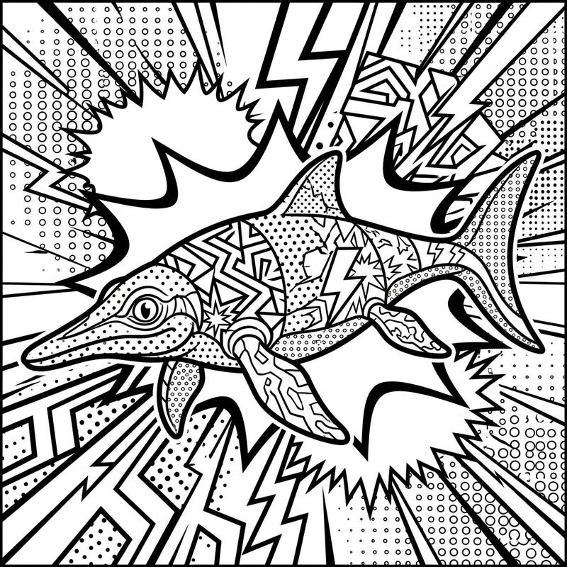 Journey back to the Cretaceous period with this captivating Mauriciosaurus, brought to life with an electrifying Pop Art twist. This unique design features a prehistoric marine reptile amidst a burst of comic-book-inspired patterns, ready for your artistic touch.