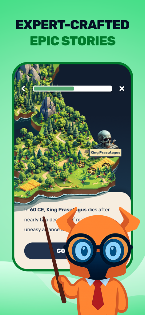 Interactive historical storytelling lesson on King Prasutagus in the Paladin app.