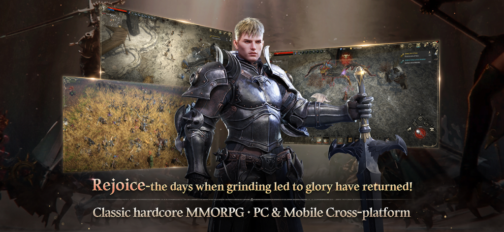 ROM: Golden Age - A male warrior in dark plate armor holding a large sword with MMORPG gameplay screenshots in the background