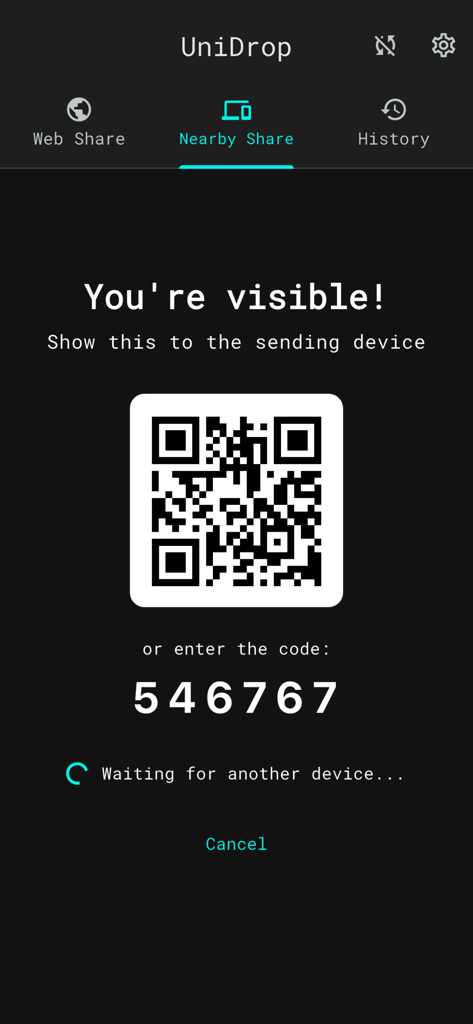 UniDrop - File Sharing - Schermata Condivisione nelle vicinanze di UniDrop che mostra un codice QR e un PIN numerico per connettere i dispositivi per il trasferimento di file locale