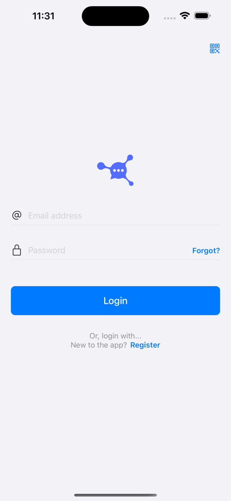 Anychat.one - Anychat.one mobile app login screen with email and password fields