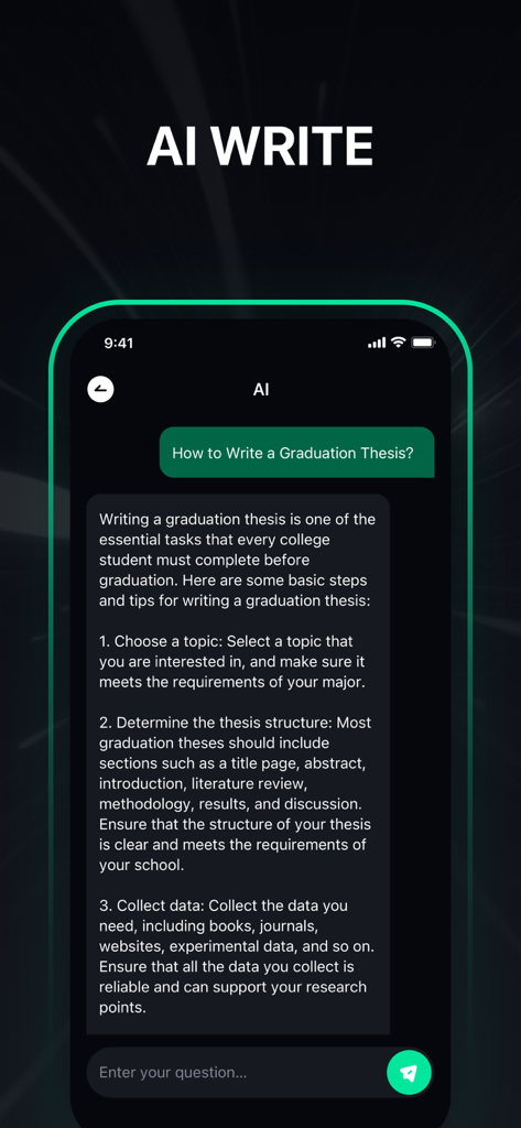 Chatify - AI Chat - Chatify app interface showing AI generated advice on how to write a graduation thesis