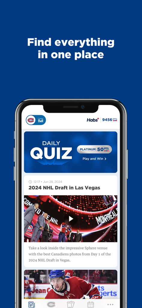 Montréal Canadiens - Una pantalla de teléfono móvil que muestra la aplicación oficial de los Canadiens de Montreal con noticias diarias y un cuestionario para fanáticos