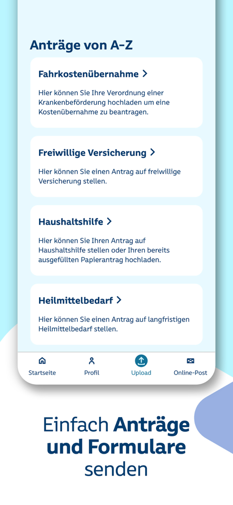Meine SBK - Screenshot of the Meine SBK app display of various digital insurance application forms and administrative requests