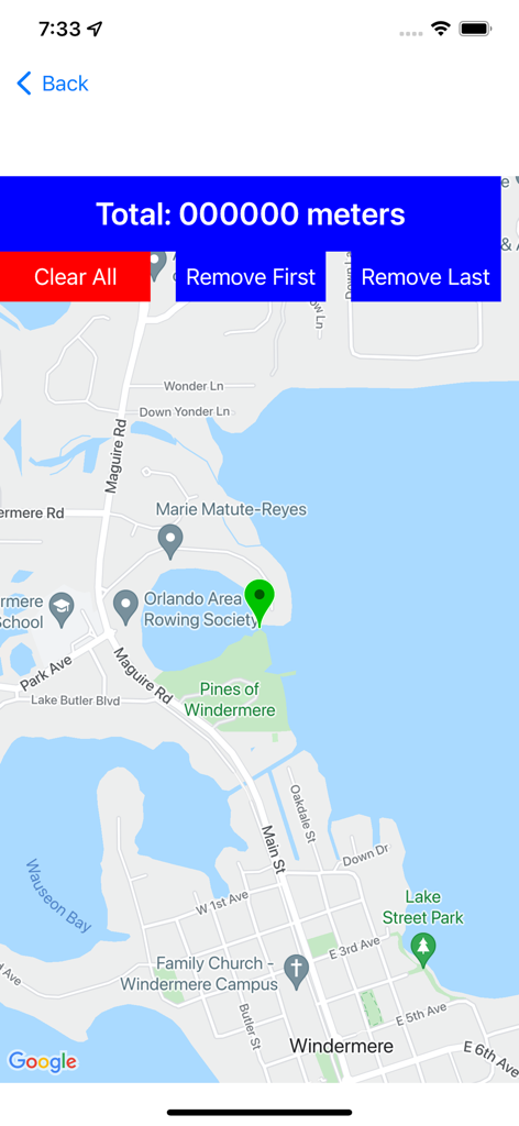 Uma interface de mapa na aplicação Distância a Ponto mostrando um marcador de localização verde e ferramentas de rastreamento de distância para planeamento de percursos.