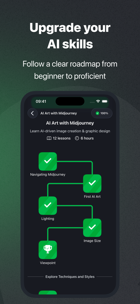 Um roteiro de aprendizado estruturado de IA, do iniciante ao proficiente, na interface do aplicativo Coursiv.