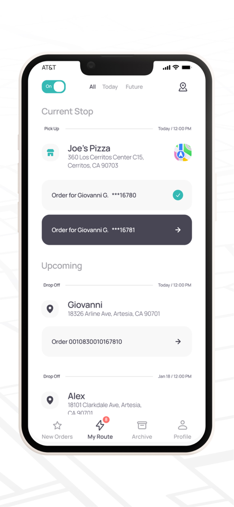 The route management screen of the Delivery.com Driver app showing current and upcoming delivery tasks.