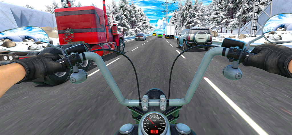 Roadway Rider Bike Racing Game - First person view of a motorcycle racing on a snowy highway with traffic