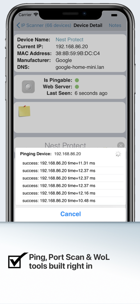 IP Scanner Ultra - IP 스캐너 울트라 앱에 장치 세부 정보와 응답 시간이 포함된 네트워크 핑 테스트가 표시됨