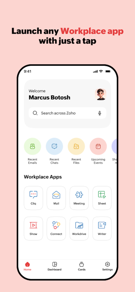 Zoho Workplace - Panel de la aplicación móvil Zoho Workplace que muestra varias aplicaciones empresariales integradas y una barra de búsqueda unificada
