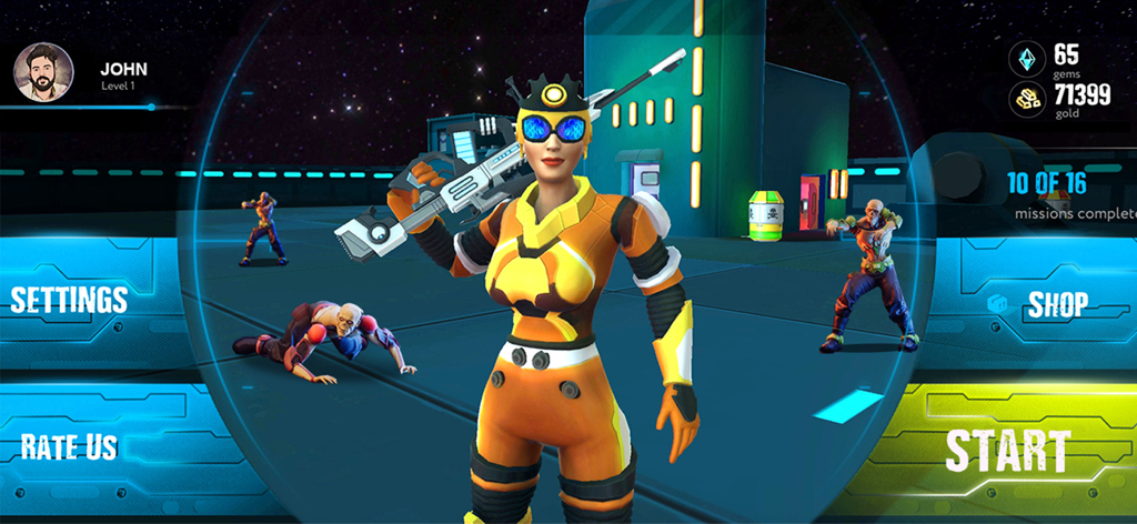 Zombie Survival Sniper Games - A female sci-fi sniper character in an orange suit holding a futuristic rifle in the game menu with zombies in the background.