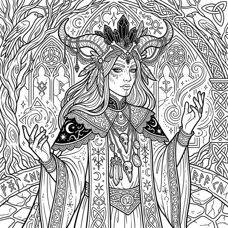 Step into a world of ancient mysticism and dark elegance with this captivating Gothic Shaman adult coloring page. Its intricate details and powerful imagery offer a deeply engaging and meditative artistic experience for seasoned colorists.
