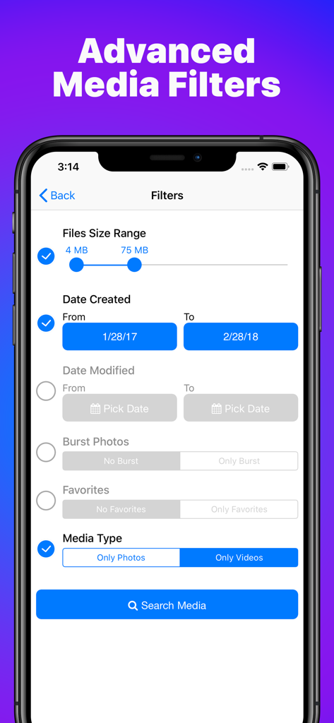 Phone Cleaner for iPhone, iPad - Interfaz de la aplicación Phone Cleaner mostrando filtros multimedia avanzados por tamaño de archivo, fecha y tipo de medio.