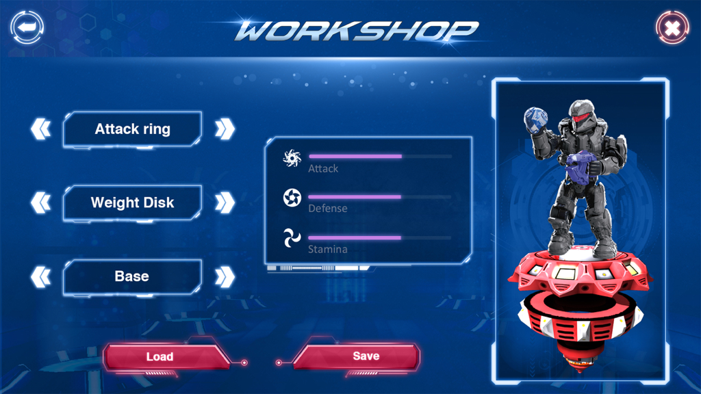 Beyblade : Spin Blade 1 - Spin Blade 1 workshop menu for customizing spinning top parts and stats