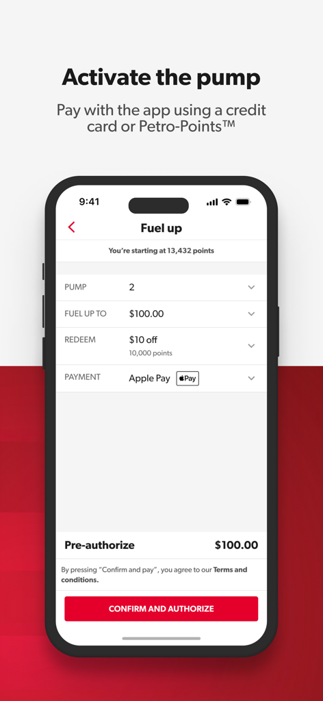 Petro-Canada mobile app screen showing gas pump activation with fuel amount selection and Apple Pay payment option.