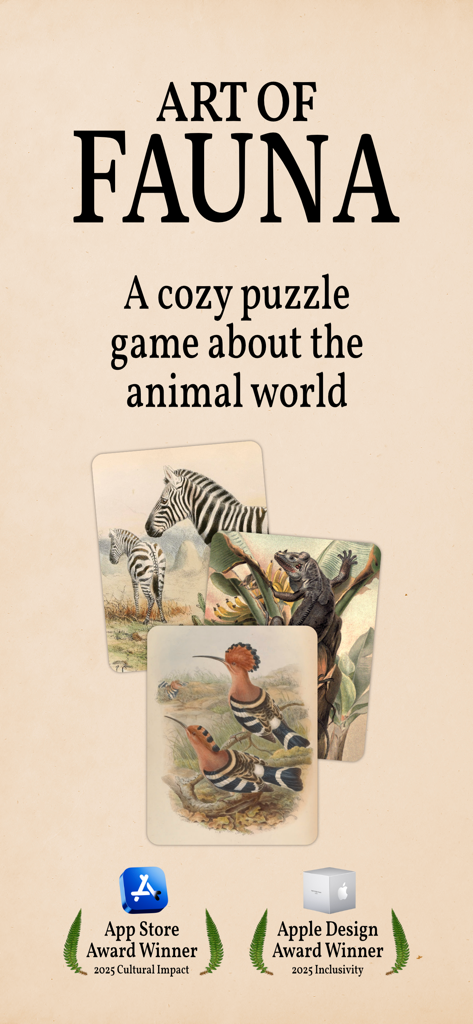 Art of Fauna: Cozy Puzzles - Art of Fauna app intro screen featuring vintage animal illustrations and Apple Design Award logos.