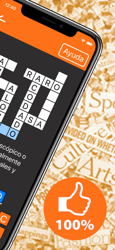 Crucigramas - Una pantalla de smartphone que muestra un juego de crucigramas en español con un icono de pulgar hacia arriba al 100 por ciento
