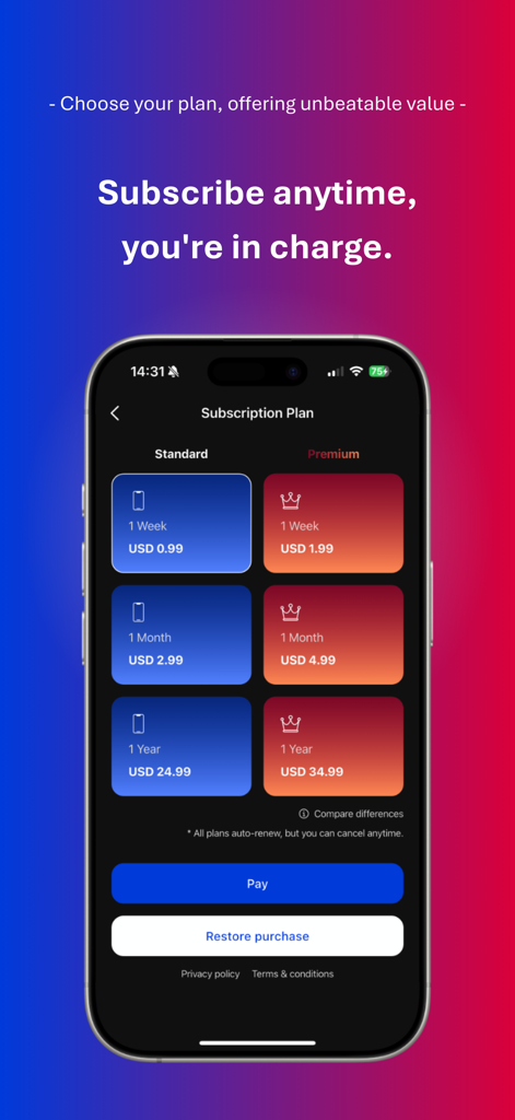 Lightning Cat VPN: Fast & Safe - Lightning Cat VPN app interface showing flexible subscription options for Standard and Premium plans across weekly, monthly, and yearly durations.