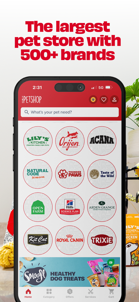 ThePetshop.com - ThePetshop mobile app interface showing various premium pet food brands like Royal Canin and Orijen