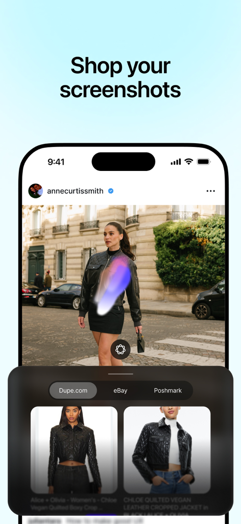 The Dupe.com app interface finding affordable fashion alternatives using AI visual search on a screenshot