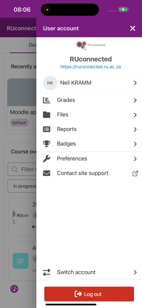 RUconnected - User account menu in the RUconnected app showing options for grades files reports and badges