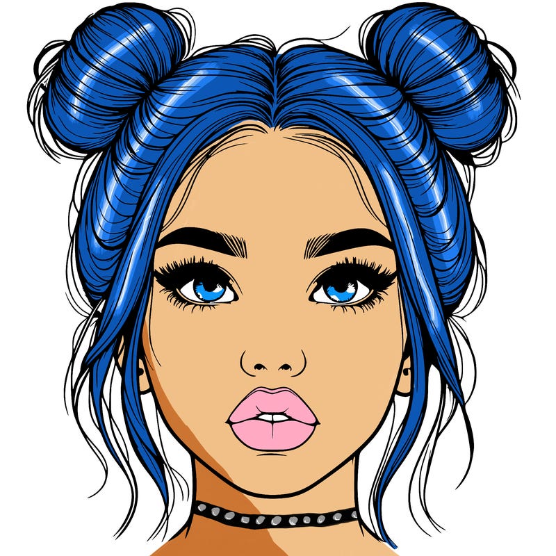 realistic girl with two buns on her hair and lips
