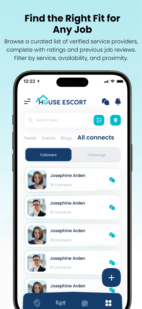 Interfaz de la aplicación móvil House Escort mostrando una barra de búsqueda y una lista de proveedores de servicios profesionales para mantenimiento del hogar y eventos.