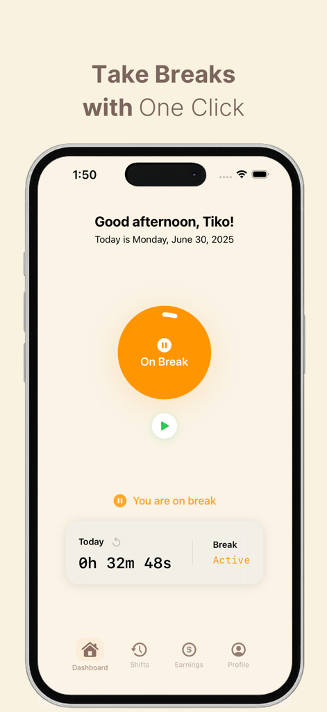 Timely - Track Your Hours - iPhone-Bildschirm, der die Timely App-Oberfläche mit einer Ein-Tipp-Pause-Timer-Funktion zeigt