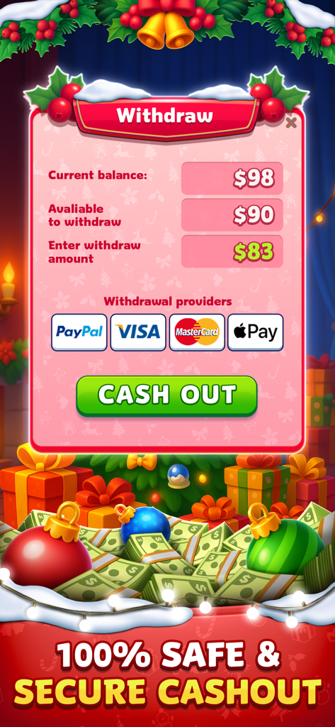 Solitaire Smash withdrawal screen showing safe cash out options with PayPal and Apple Pay