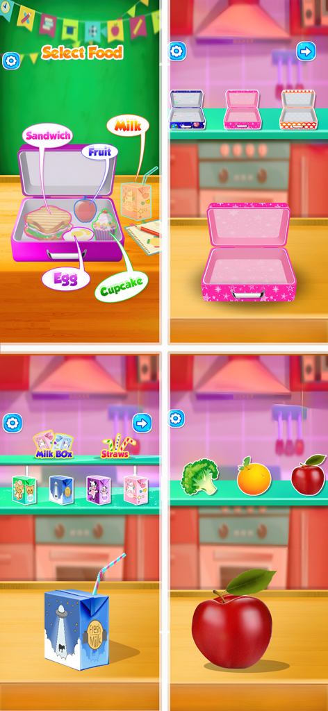 My LunchBox - Cooking Game - Selection screens for food and lunchbox styles in the My LunchBox kids cooking game