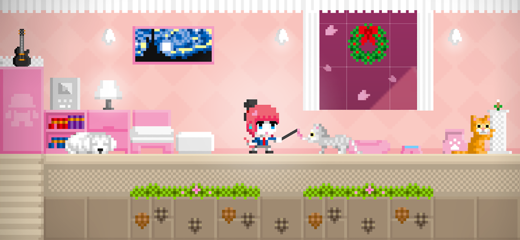 BOKU BOKU - Pixel-Art-Charakter, der mit Katzen in einem rosa dekorierten Zimmer in BOKU BOKU spielt